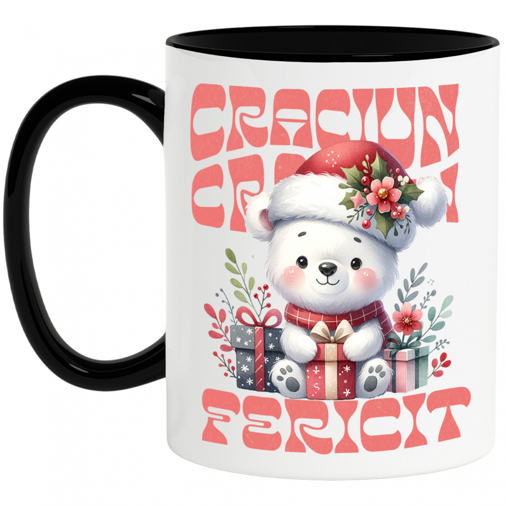 Cana Personalizata Urs Alb cu Fular și Căciulă Moș Crăciun – Cadouri Colorate pentru un Crăciun Fericit [1]