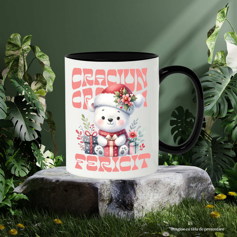 Cana Personalizata Urs Alb cu Fular și Căciulă Moș Crăciun – Cadouri Colorate pentru un Crăciun Fericit [3]