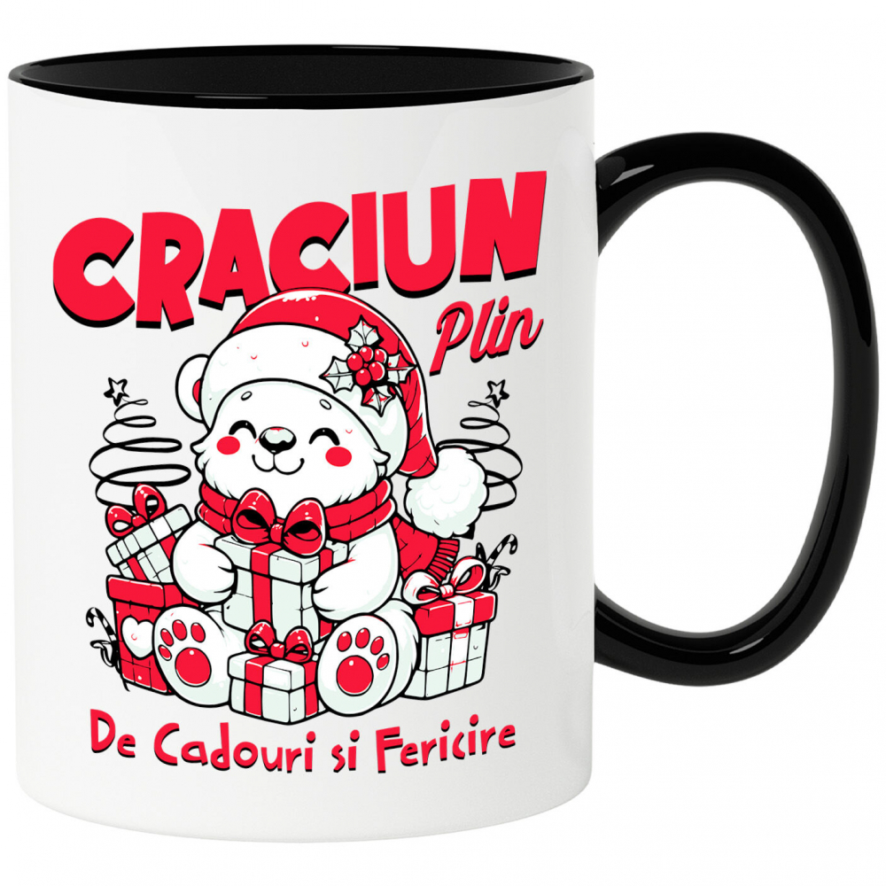 Cana Personalizata Urs Alb Vesel cu Cadouri Colorate – Crăciun Plin de Cadouri și Fericire [1]