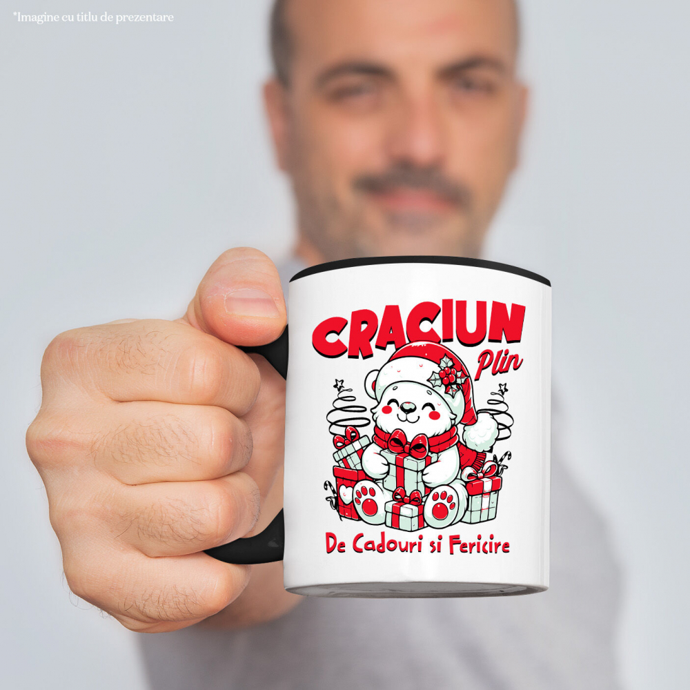 Cana Personalizata Urs Alb Vesel cu Cadouri Colorate – Crăciun Plin de Cadouri și Fericire [2]