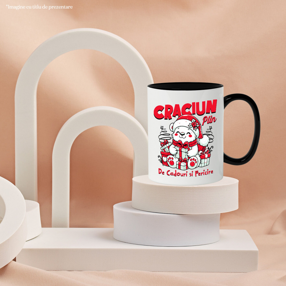 Cana Personalizata Urs Alb Vesel cu Cadouri Colorate – Crăciun Plin de Cadouri și Fericire [3]