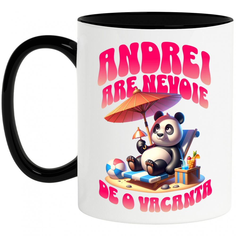 Cana Personalizata "Produse personalizate pentru vacanță – Urs panda pufos pe plajă cu text 'Andrei are nevoie de o vacanță'" [1]