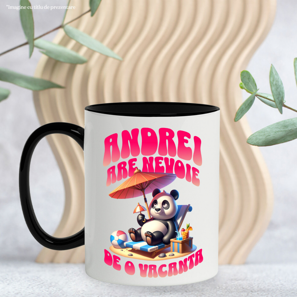 Cana Personalizata "Produse personalizate pentru vacanță – Urs panda pufos pe plajă cu text 'Andrei are nevoie de o vacanță'" [3]
