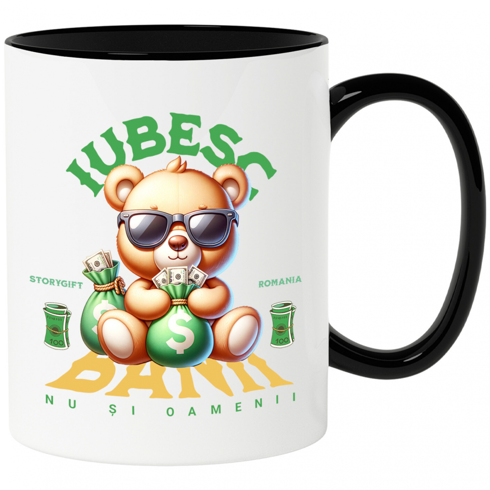 Cana Personalizata Ursuleț de Plus Maro cu Sac de Bani și Bancnote Dolari – „Iubesc Banii Dar Nu Și Oamenii” – Cadou Personalizat pentru Familie, Tati, Copii, Prieteni [1]