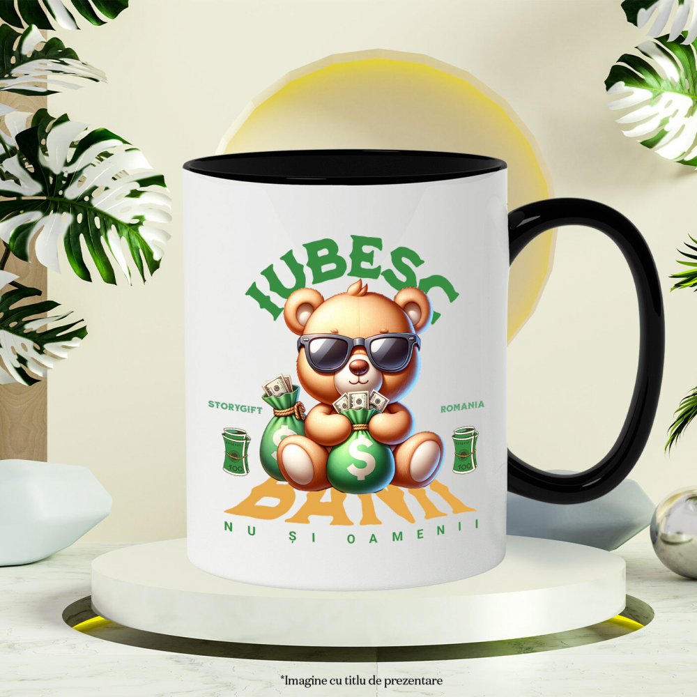 Cana Personalizata Ursuleț de Plus Maro cu Sac de Bani și Bancnote Dolari – „Iubesc Banii Dar Nu Și Oamenii” – Cadou Personalizat pentru Familie, Tati, Copii, Prieteni [3]