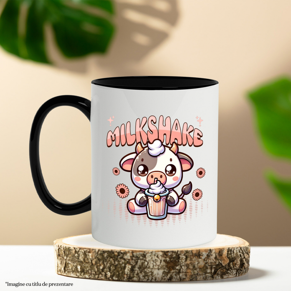 Cana Personalizata „Vacă Adorabilă cu Pahar Roz – Milshake și Natură, Cadou Personalizat pentru Copii și Familie” [3]