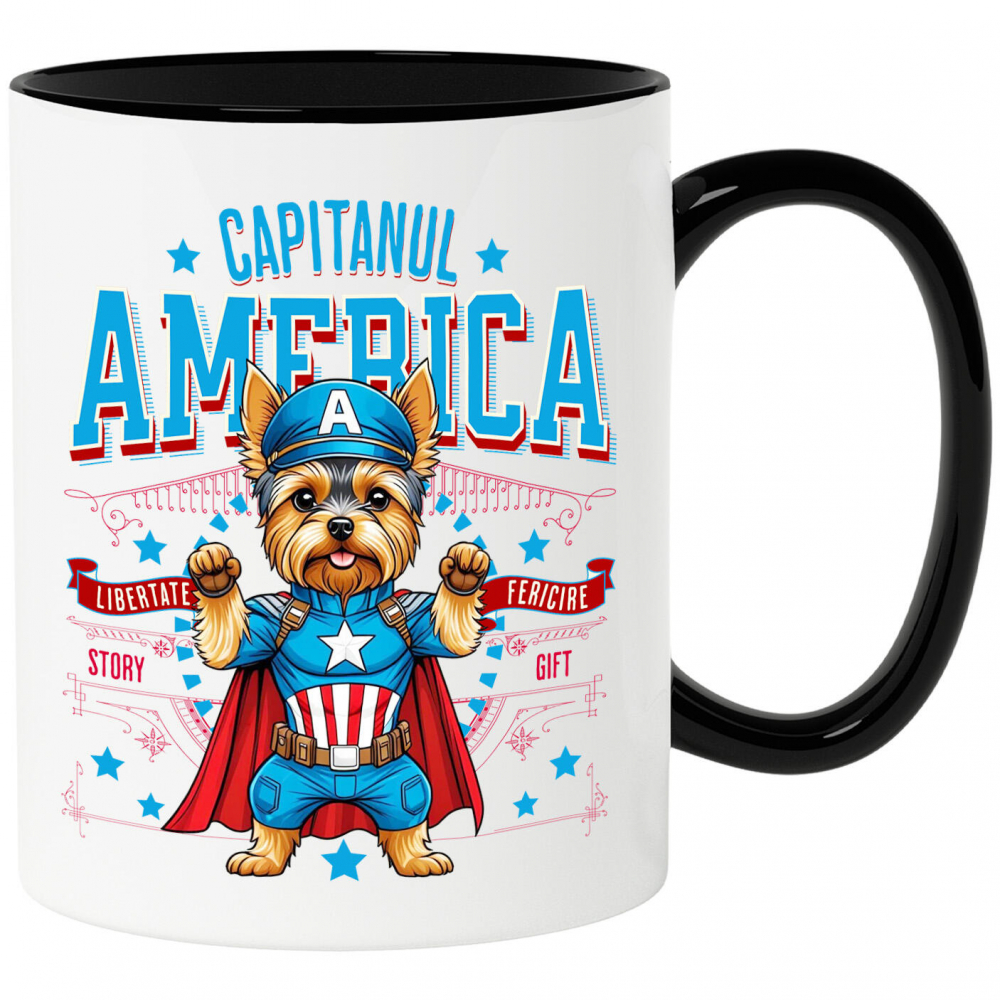 Cana Personalizata Yorkshire Terrier în Costum Captain America cu Pelerină - Cadou Personalizat pentru Copii și Iubitorii de Câini [1]