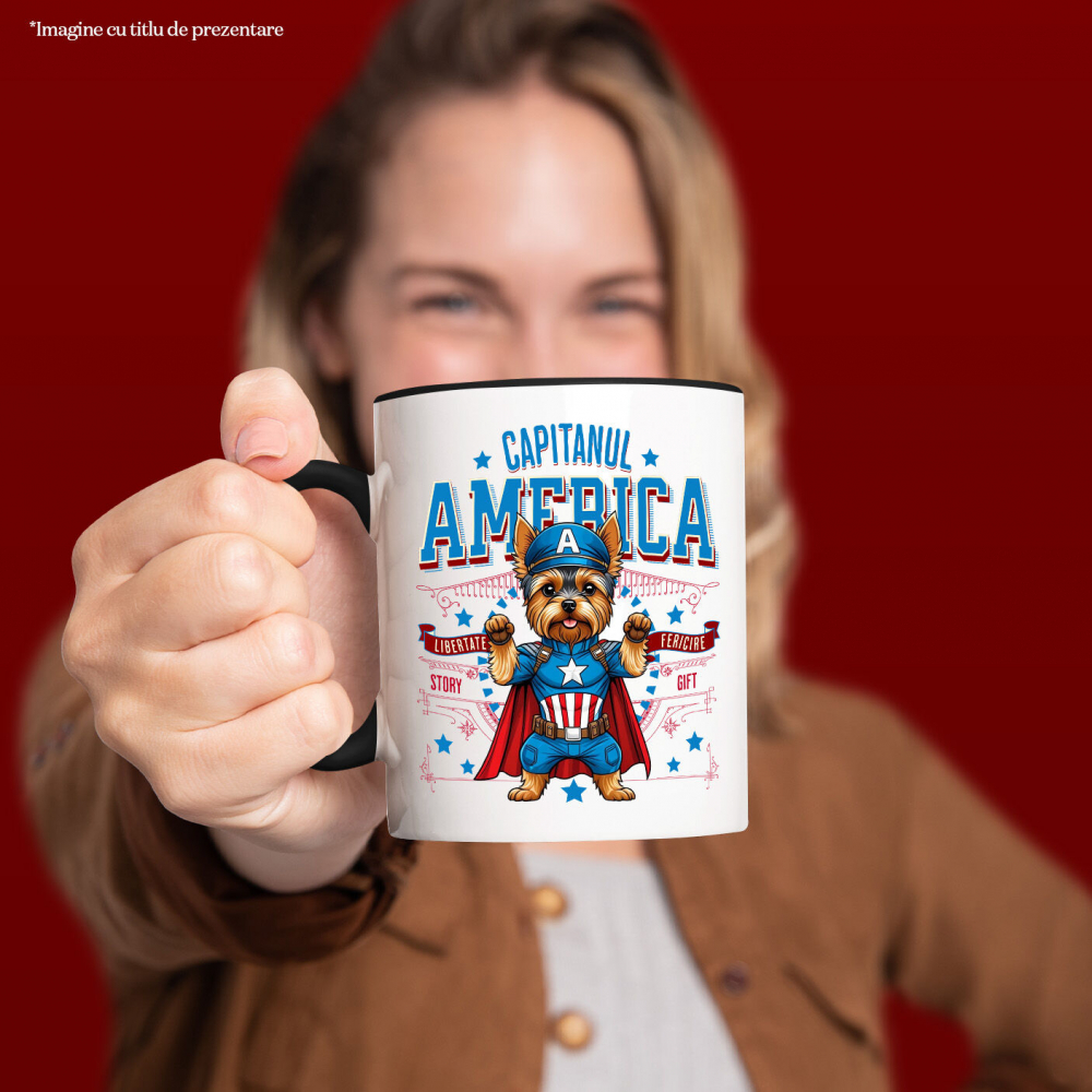 Cana Personalizata Yorkshire Terrier în Costum Captain America cu Pelerină - Cadou Personalizat pentru Copii și Iubitorii de Câini [2]