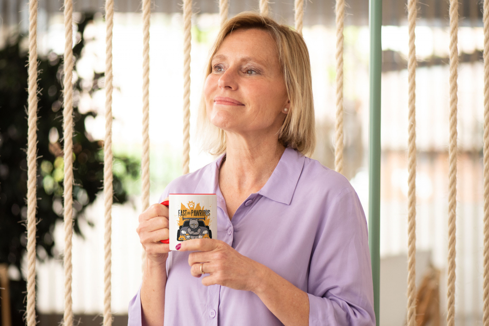 Cana Personalizata Pisica, Masini Rapide, Fast and Pawrious, 330 ml, Cu Manerul Rosu, Multicolor [3]