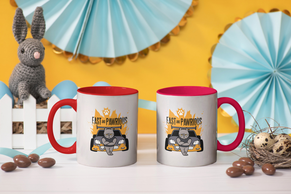 Cana Personalizata Pisica, Masini Rapide, Fast and Pawrious, 330 ml, Cu Manerul Rosu, Multicolor [4]