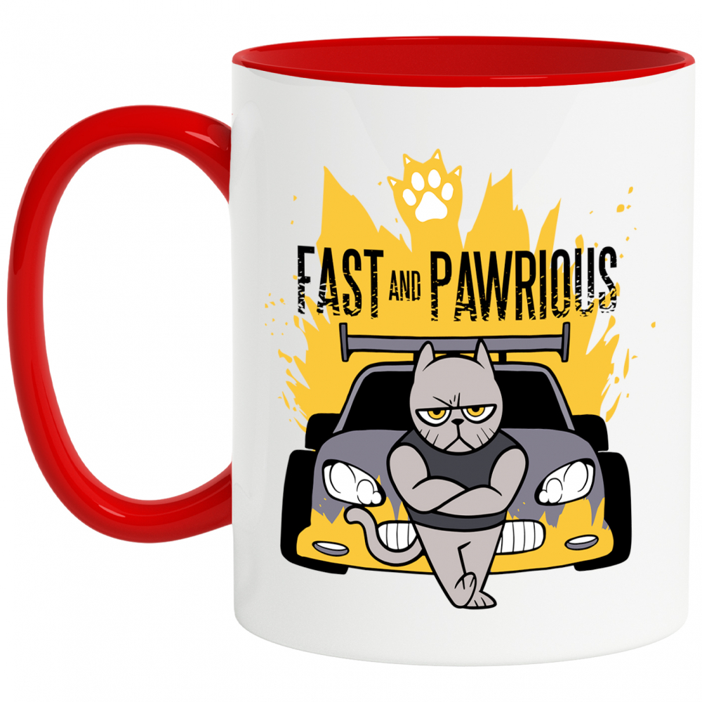 Cana Personalizata Pisica, Masini Rapide, Fast and Pawrious, 330 ml, Cu Manerul Rosu, Multicolor [1]