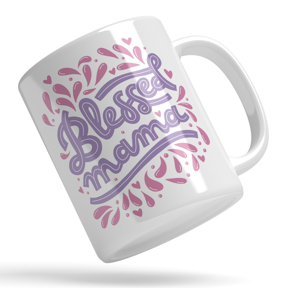 Cana Personalizata Special Pentru Mame Cu Mesajul "Binecuvantata Mama", Ceramica, 330 ml, Roz, Mov [1]