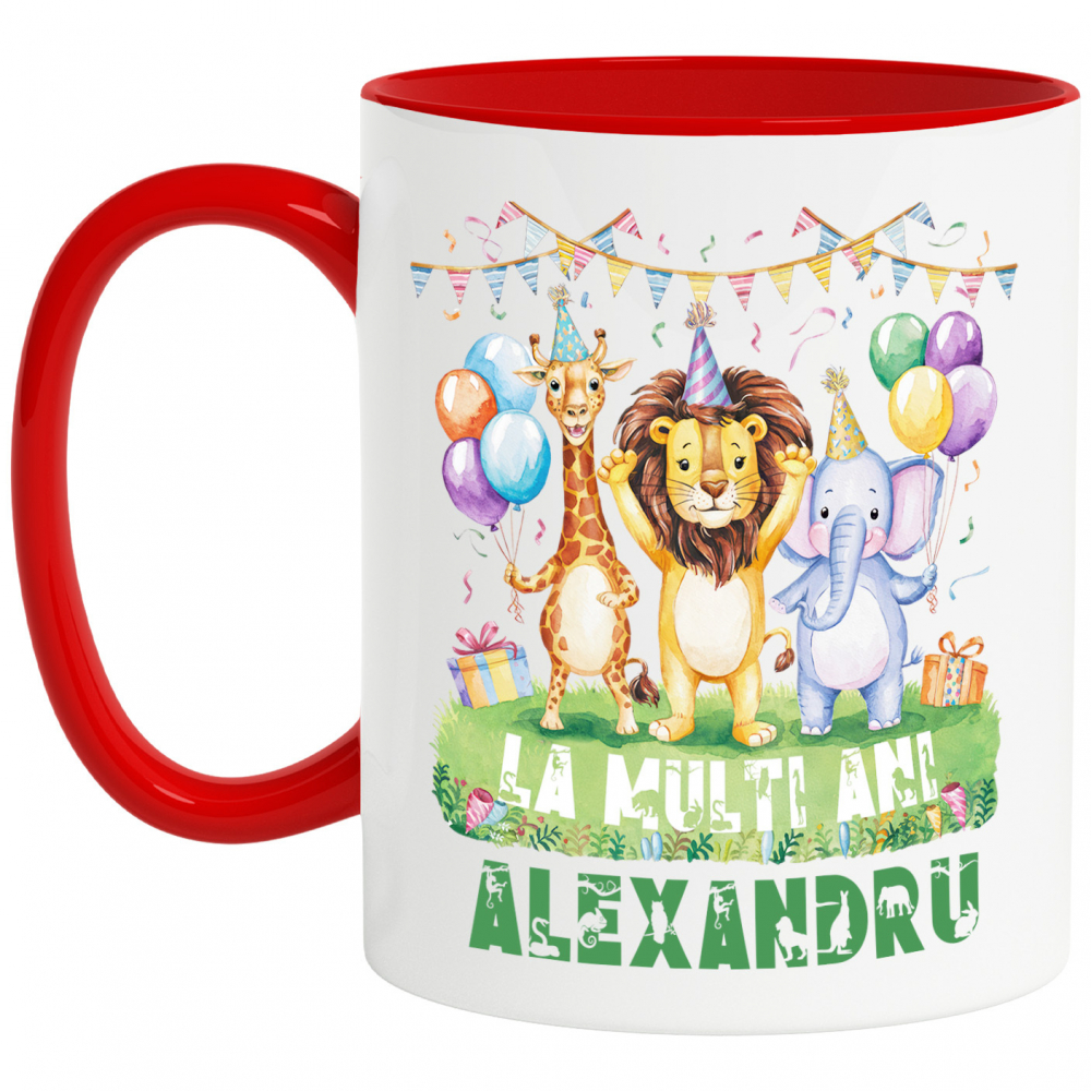 Cana Petrecere Animale, Zi Aniversara, Urare La Multi Ani Nume Personalizat, Copii cu Maner si Interior Rosu [1]