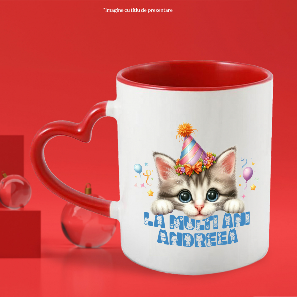 Cana Pisica Cu Coif Colorat, Zi Aniversara, Urare La Multi Ani Nume Personalizat, Copii cu Maner Inima Rosie si Interior Rosu [2]
