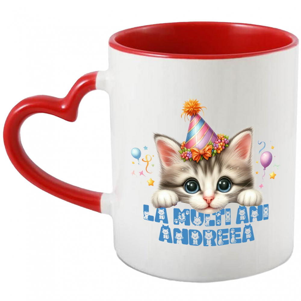Cana Pisica Cu Coif Colorat, Zi Aniversara, Urare La Multi Ani Nume Personalizat, Copii cu Maner Inima Rosie si Interior Rosu [1]
