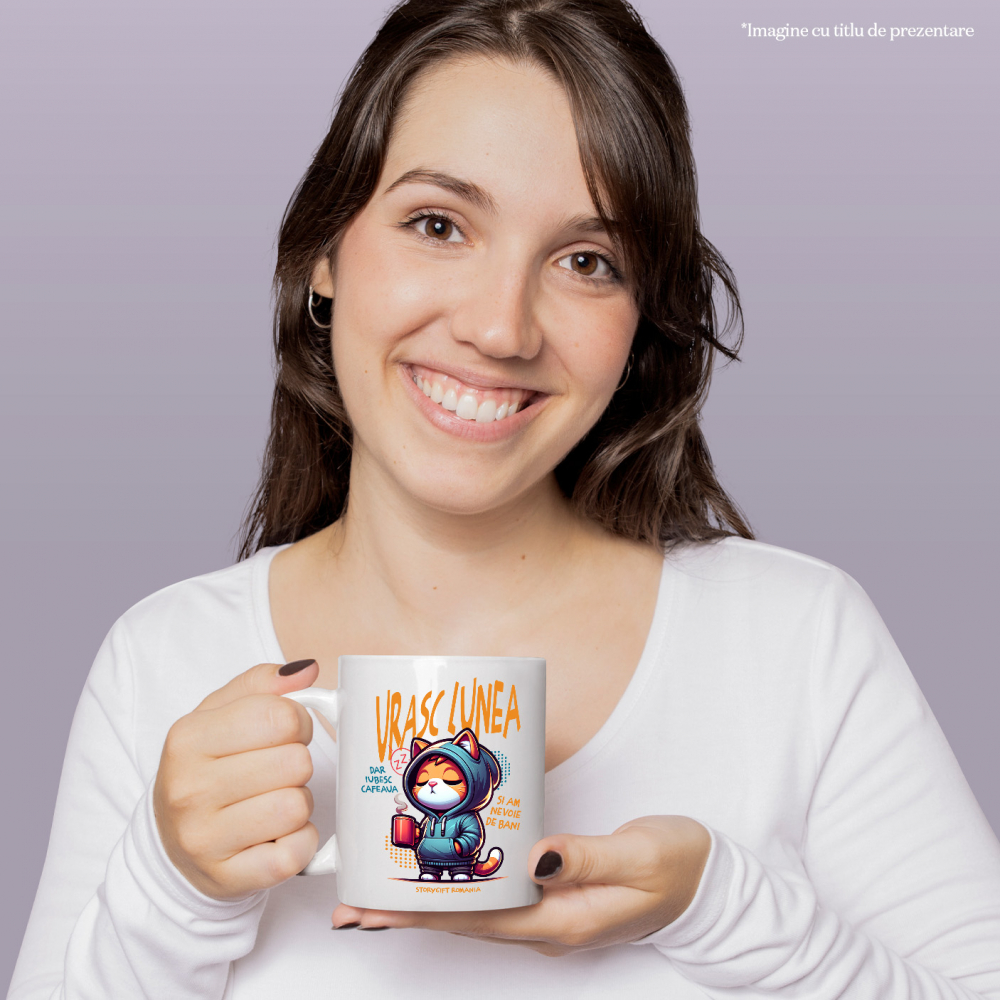 Cana Pisica cu Hanorac Si Cana De Cafea  Text Haios Urasc Lunea Dra Iubesc Cafeaua, 330ml, Ceramic cu Maner Alb [2]