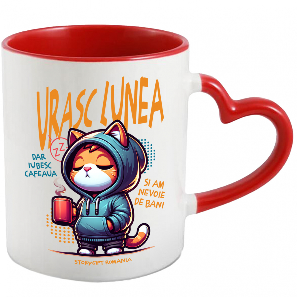 Cana Pisica cu Hanorac Si Cana De Cafea  Text Haios Urasc Lunea Dra Iubesc Cafeaua, 330ml, Ceramica cu Maner Inima Rosie [1]
