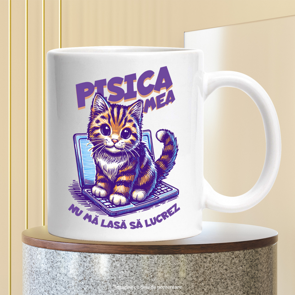 Cana Pisica pe laptop, text Pisica nu ma lasa lucrez, 330ml, Ceramic cu Maner Alb [3]