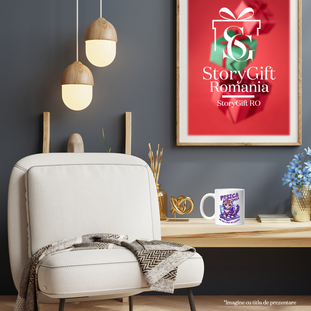 Cana Pisica pe laptop, text Pisica nu ma lasa lucrez, 330ml, Ceramic cu Maner Alb [4]