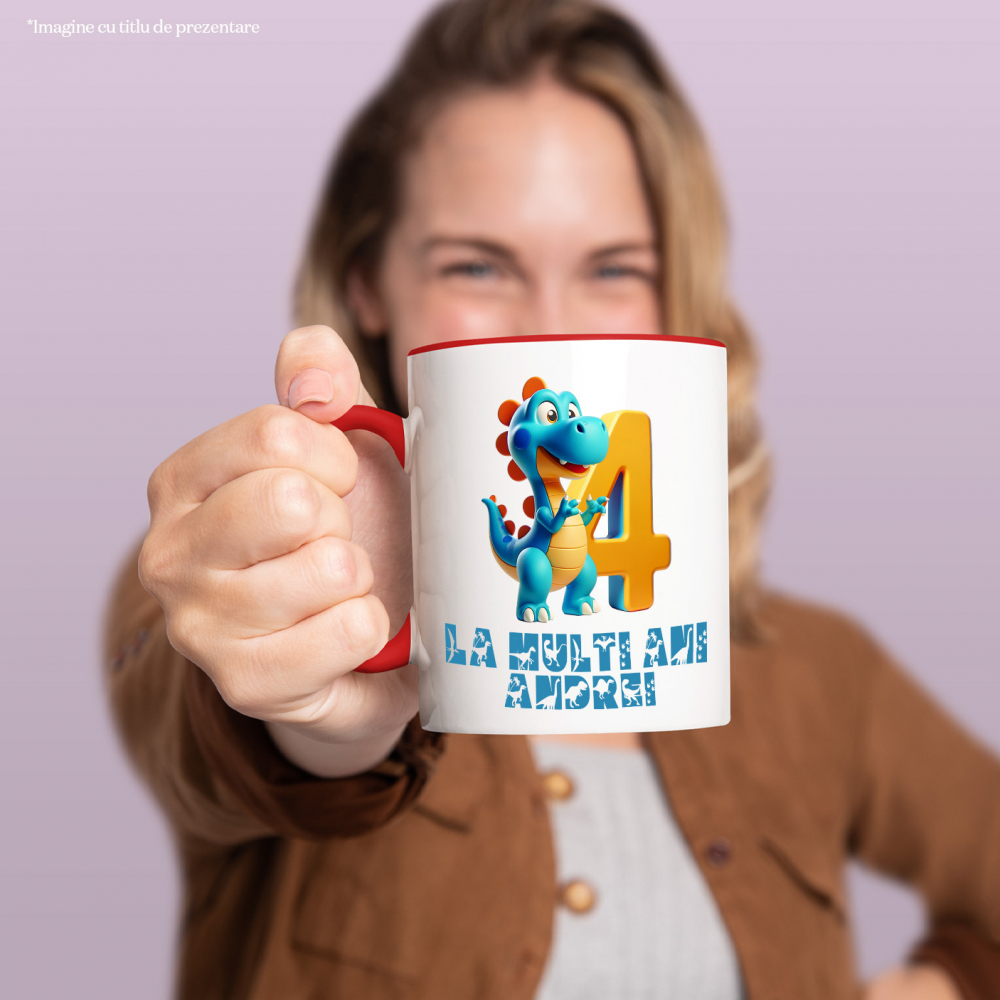 Cana Portret Dragon Albastru, Zi Aniversara, Copii, Nume Personalizat, Cifra 4 cu Maner si Interior Rosu [2]