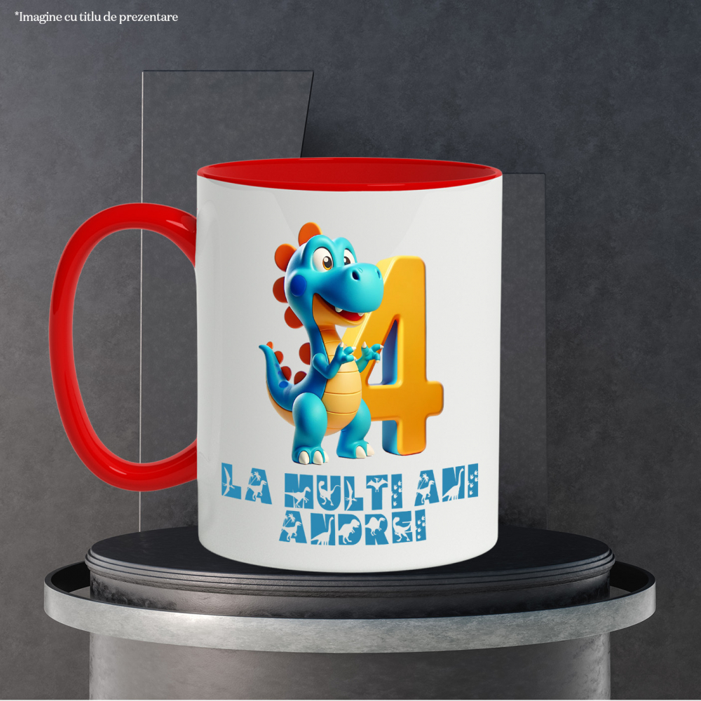 Cana Portret Dragon Albastru, Zi Aniversara, Copii, Nume Personalizat, Cifra 4 cu Maner si Interior Rosu [3]