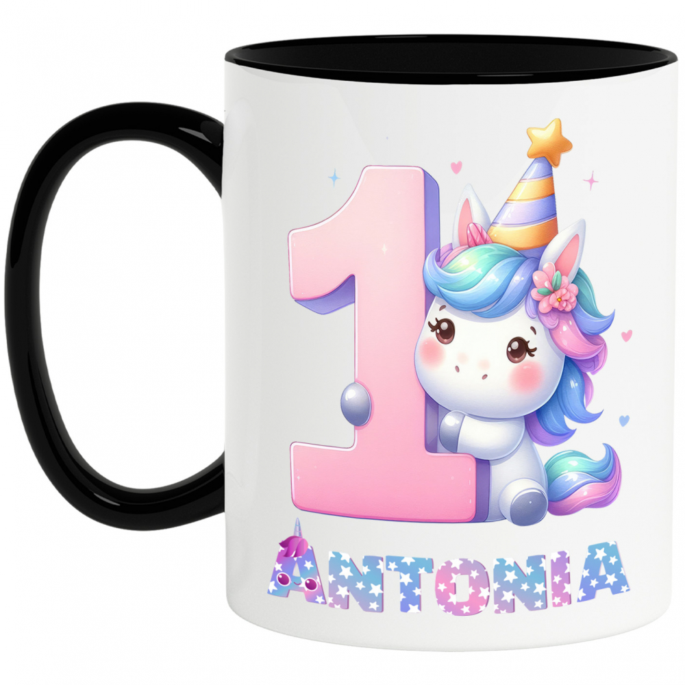 Cana Portret Unicorn Roz, Zi Aniversara, Printesa, Copii, Nume Personalizat, Cifra 1 cu Maner si Interior Negru [1]