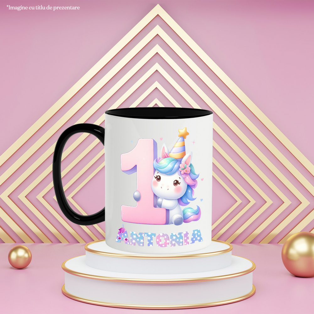 Cana Portret Unicorn Roz, Zi Aniversara, Printesa, Copii, Nume Personalizat, Cifra 1 cu Maner si Interior Negru [3]