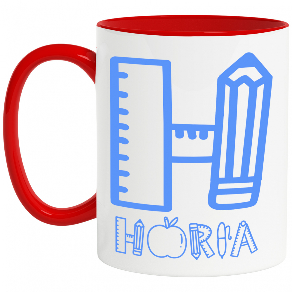 Cana Profesor Scoala, Creion, mar, Text Nume Personalizat, Copii, Culoare Albastru, Cu Litera, 330ML, Ceramica, Cu Maner si Interior Rosu [1]