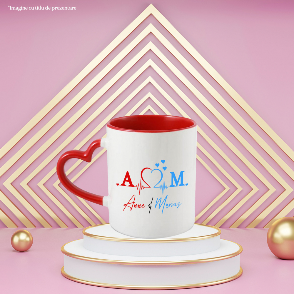 Cana Ritm Cardiac, valentine's day, text Nume Personalizat, Cuplu Indragostit, Cu Litera, 330ML, Ceramica, Cu Maner Inima Rosie si Interior Rosu [2]