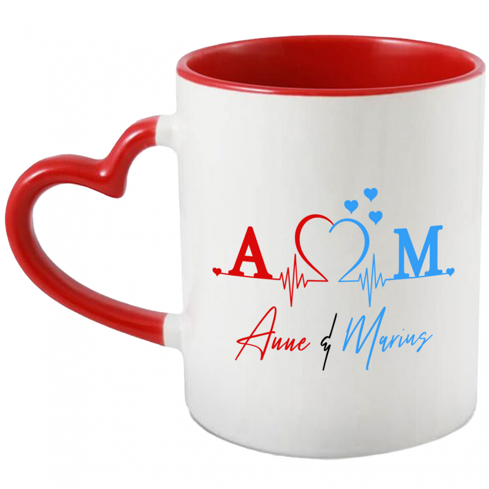 Cana Ritm Cardiac, valentine's day, text Nume Personalizat, Cuplu Indragostit, Cu Litera, 330ML, Ceramica, Cu Maner Inima Rosie si Interior Rosu [1]