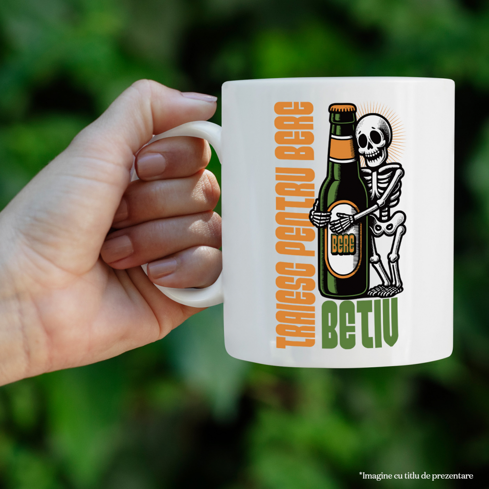 Cana Schelete si sticla de bere Text Haios Traieste Pentru Bere, 330ml, Ceramic cu Maner Alb [2]
