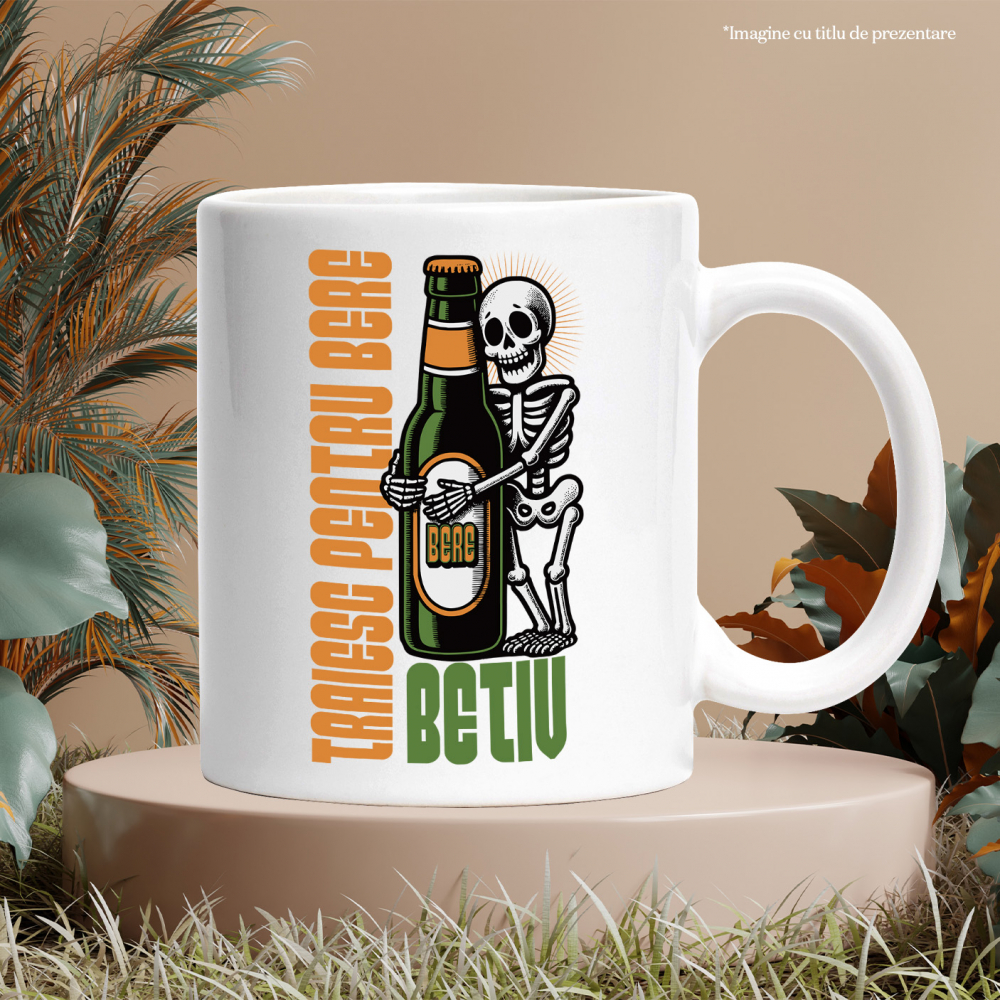 Cana Schelete si sticla de bere Text Haios Traieste Pentru Bere, 330ml, Ceramic cu Maner Alb [3]