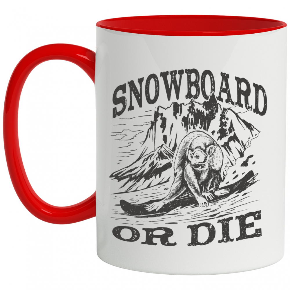 Cana Snowboard or Die, Munte, Zapada, Sezonul de Ski, Sport, Ceramica , 330 ml, Multicolor cu maner Rosu [2]