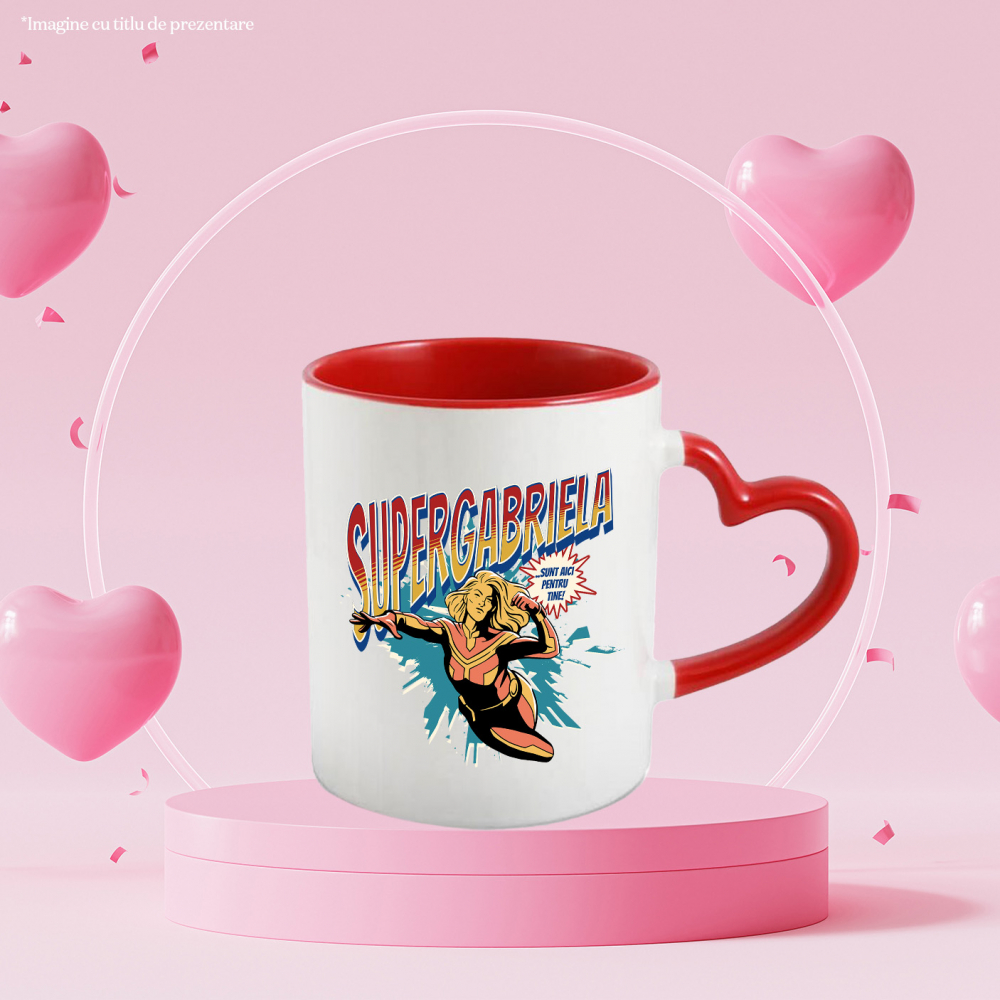 Cana Super Gabriela, SuperErou Sunt Aici Pentru Tine, 330ml, Ceramica cu Maner Inima Rosie [2]