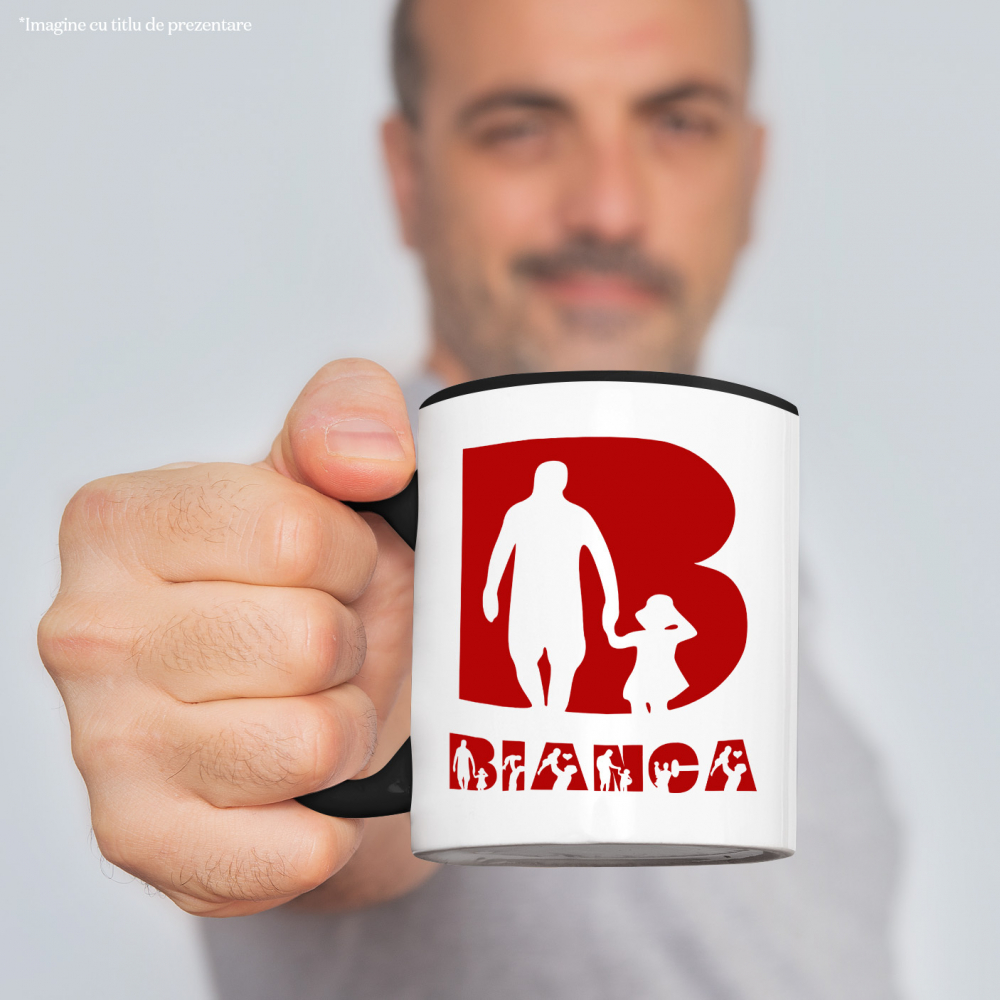 Cana Tata Si Copil, Familie, Text Nume Personalizat, Dragoste, Culoare Rosu, Cu Litera, 330ML, Ceramica, Cu Maner si Interior Negru [2]