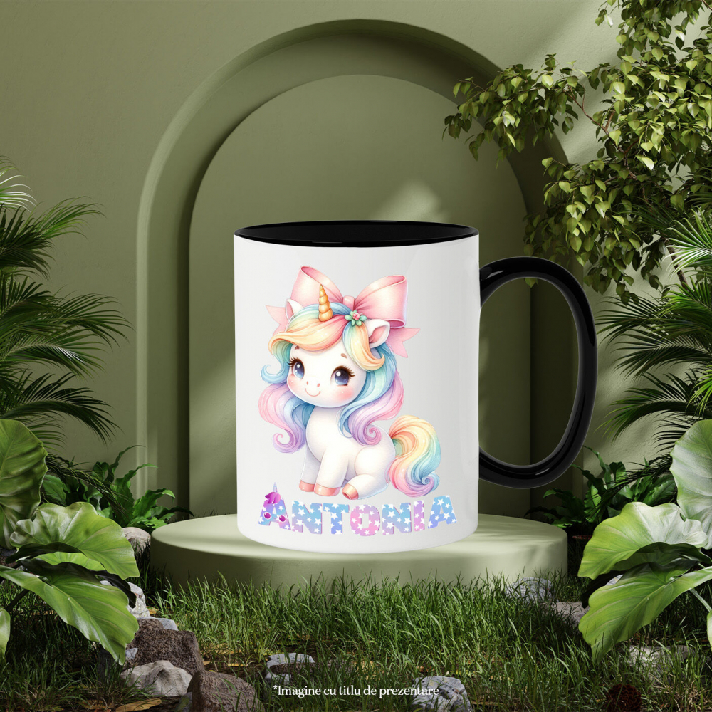 Cana Unicorn Colorat Roz, Zi Aniversara, Cu Funda, Copii, Nume Personalizat cu Maner si Interior Negru [3]