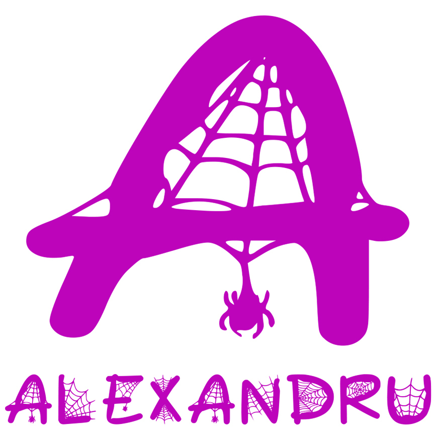 Sticker Adeziv Iubitorii De Hallowen, Panza De Paianjen, Text Nume Personalizat, Copii, Culoare Mov , cu Margini Albe, PVC Vinyl, 10 CM [1]