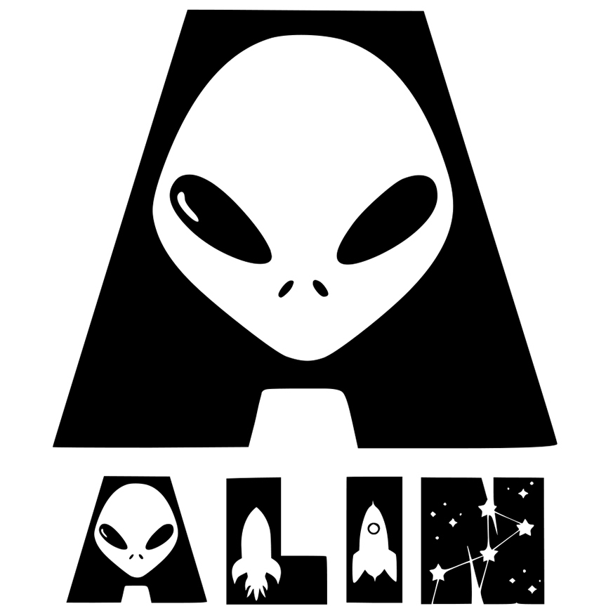 Sticker Adeziv Iubitorii De SF, Extraterestru, Text Nume Personalizat, copii, Culoare Negru , cu Margini Albe, PVC Vinyl, 10 CM [1]