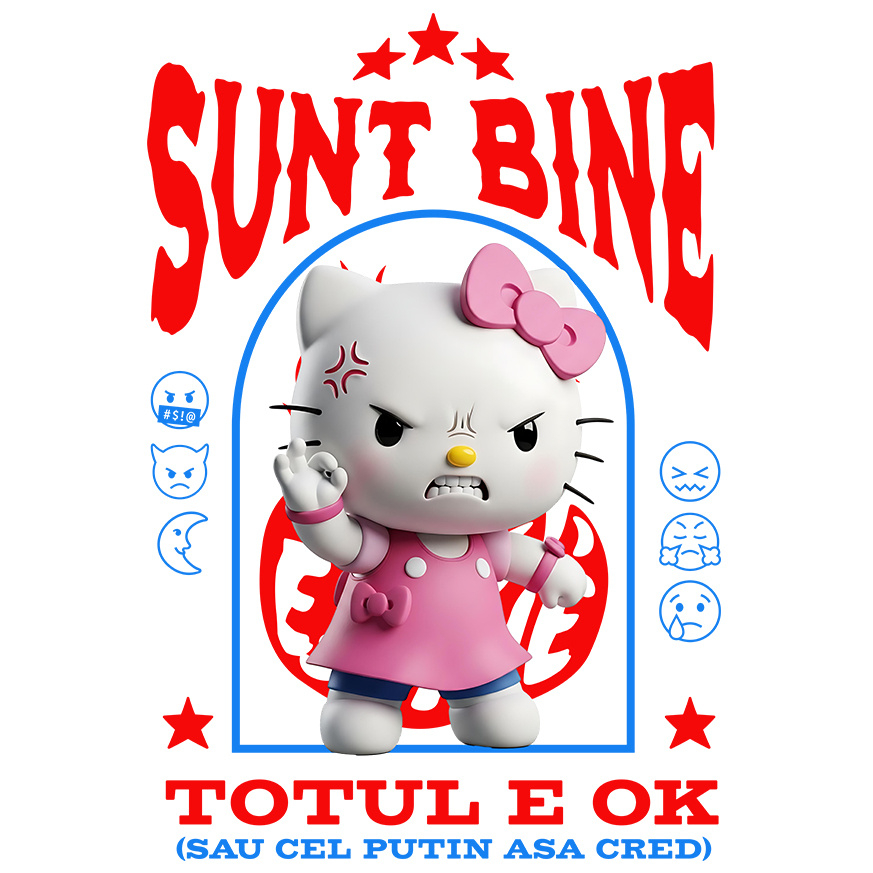 Sticker Cu Hello Kitty, Ok, Sarcastic, Nervos, Iritat Adeziv, Vinyl,  cu Margini Albe, PVC Vinyl [1]