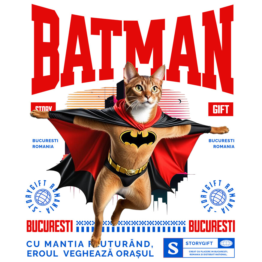 Sticker Adeziv Autocolant Personalizat Pisica Abisinian în Costum de Batman – Un Supererou Drăgălaș pentru Iubitorii de Pisici [1]