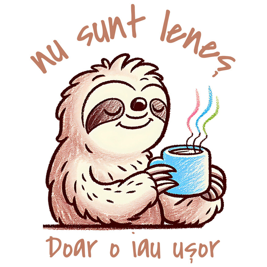 Sticker Adeziv Autocolant Personalizat Animal Leneș cu Cană de Cafea „Nu Sunt Leneș, Doar O Iau Ușor” - Cadou Amuzant [1]