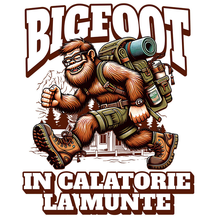 Sticker Adeziv Autocolant Personalizat "Rucsac Bigfoot pentru Aventură Montană – Călătorie în Natură cu Desene Animate" [1]