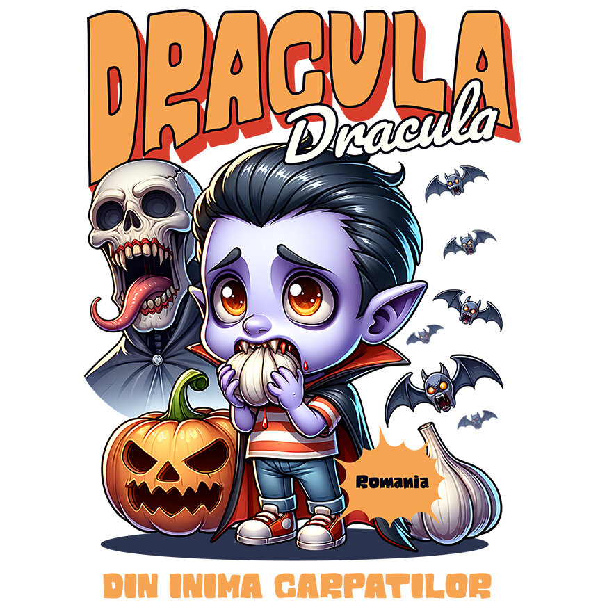 Sticker Adeziv Autocolant Personalizat Animație Vampir cu Usturoi Text Dracula - Cadouri Personalizate Halloween pentru Familie, Copii, Tati și Prieteni [1]