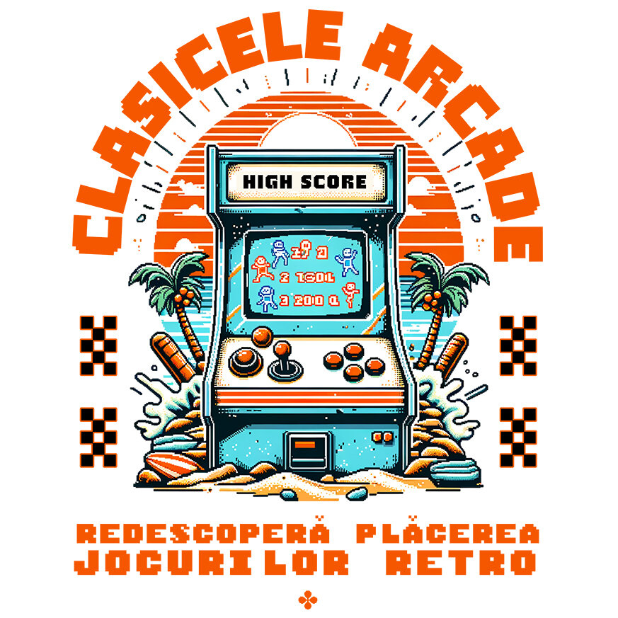 Sticker Adeziv Autocolant Personalizat Arcada Vintage Jocuri Video Retro cu Tema Plajă Tropicală - Cadou Personalizat pentru Familie și Gameri [1]