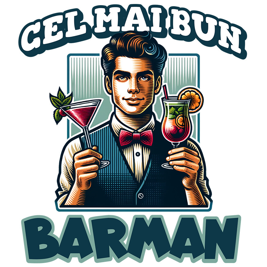 Sticker Adeziv Autocolant Personalizat Barman Elegant cu Vestă și Papion – Servire Cocktailuri [1]