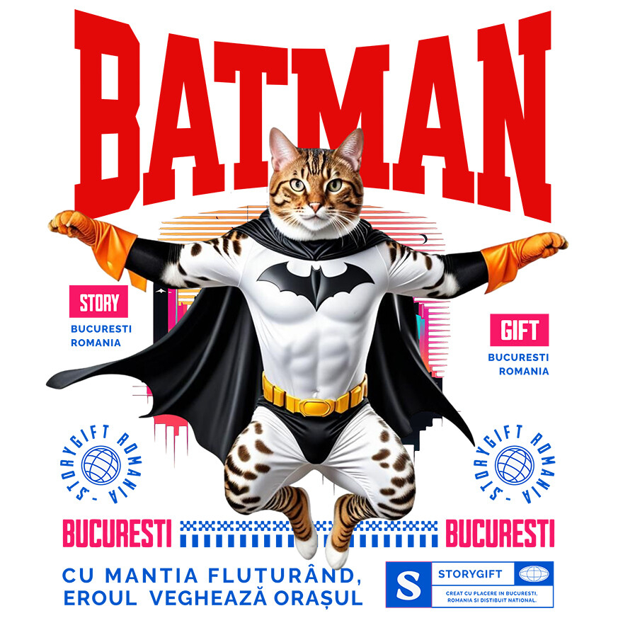 Sticker Adeziv Autocolant Personalizat Pisica Bengal în Costum de Batman – Un Supererou Drăgălaș pentru Copii și Iubitorii de Animale [1]