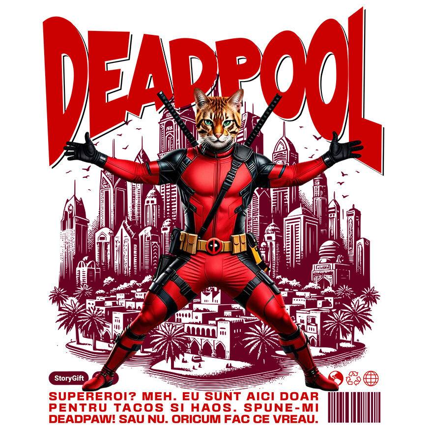 Sticker Adeziv Autocolant Personalizat Pisică Bengal în Costum Deadpool – Supererou Amuzant pentru Iubitorii de Animale [1]