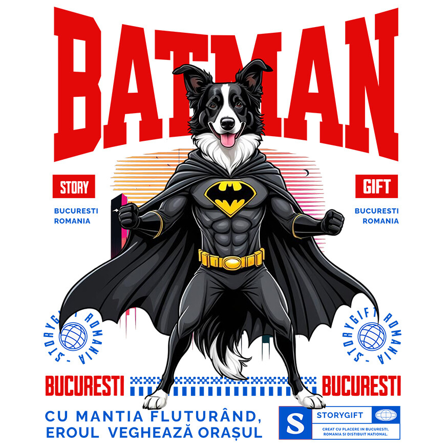 Sticker Adeziv Autocolant Personalizat Border Collie În Costum de Batman – Câine Supererou pentru Copii și Iubitorii de Animale [1]