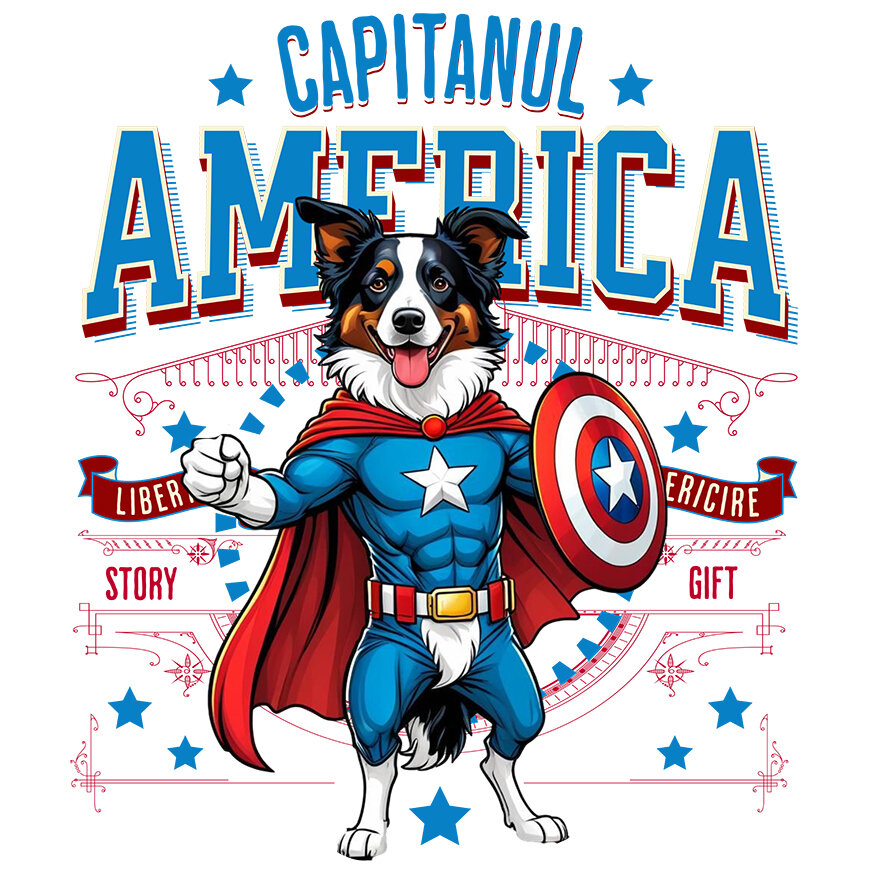 Sticker Adeziv Autocolant Personalizat Border Collie în Costum Captain America cu Pelerină - Cadou Personalizat pentru Copii și Iubitorii de Câini [1]