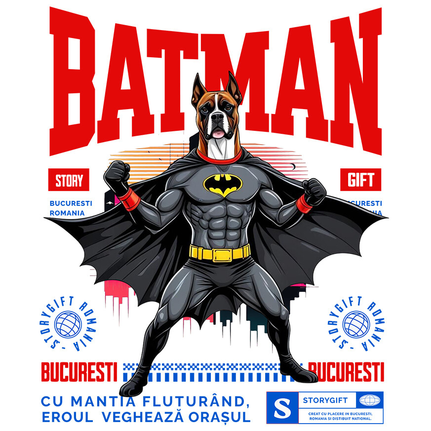 Sticker Adeziv Autocolant Personalizat Boxer În Costum de Batman – Câine Supererou pentru Copii și Iubitorii de Animale [1]